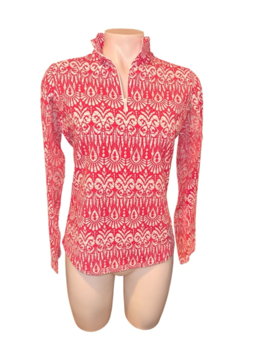 Women's IBKUL Long Sleeve Tee S Red White Geometric Print